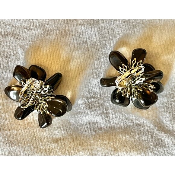 Obsidian Flower Clip-On Cluster Earrings vintage Dark Brown - Picture 5 of 5